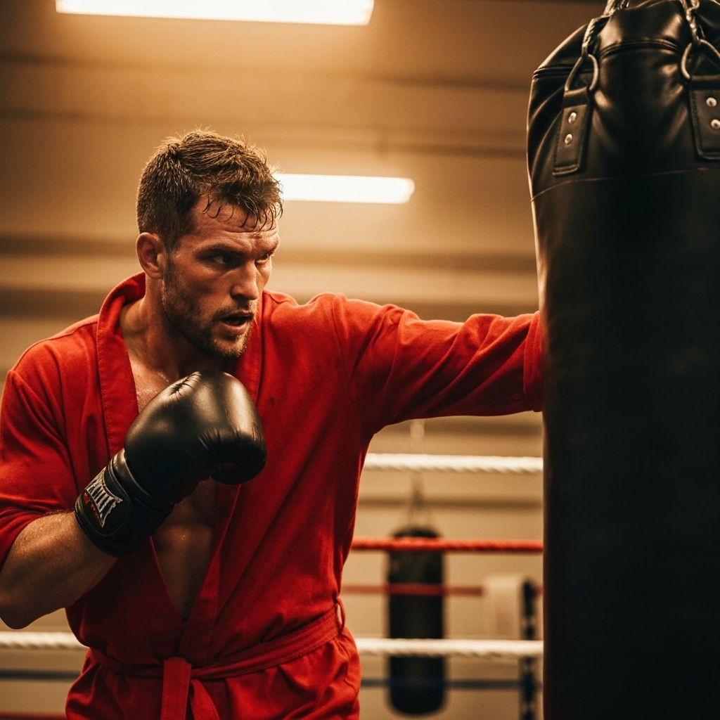 Professional boxer training with heavy bag